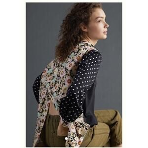 Anthropologie Maeve Blouse Split-Back Top Black White Polka Dot Floral Size XS